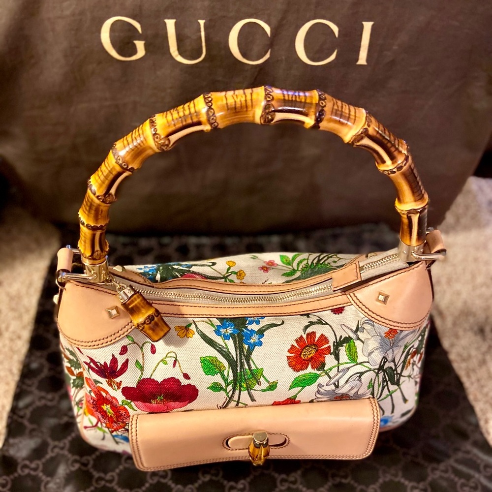 Gucci Floral Print Bamboo Shoulder Bag